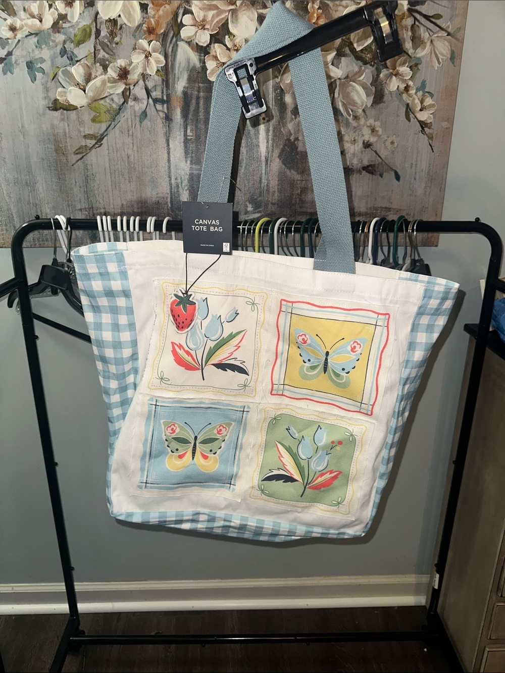 Canvas Tote Bag in Light Blue, Cream  with Butterflies and Flowers